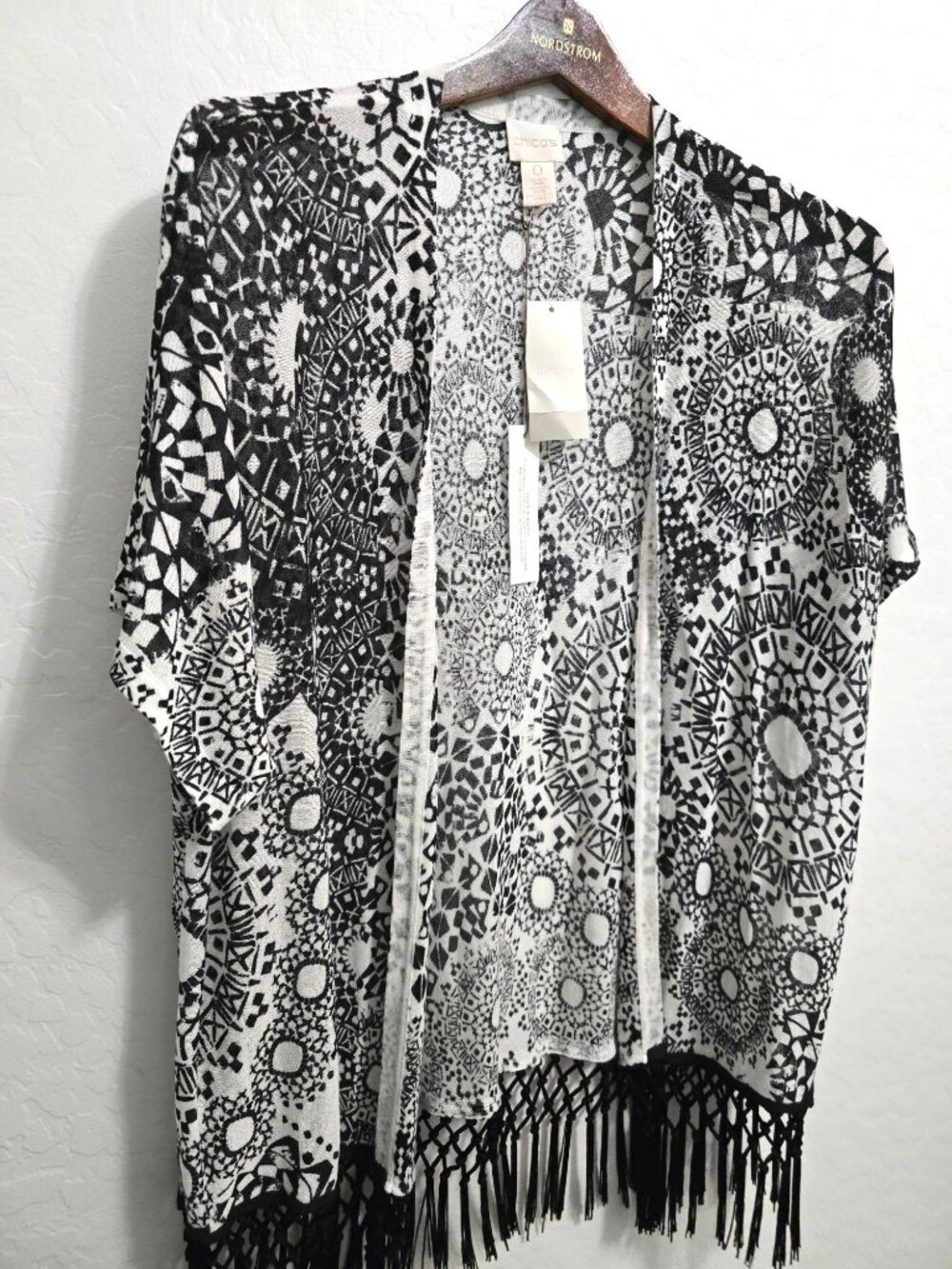 Chicos Black White Medallion Size O Fringe Eliska Cardigan Sweater Short Sleeve - Picture 6 of 11